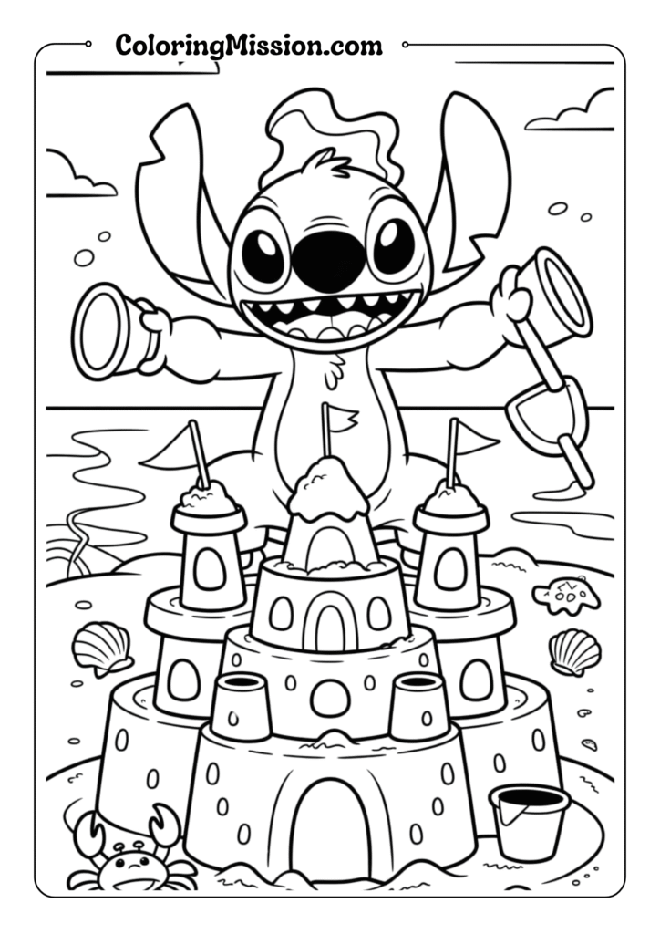 Stitch Building a Sandcastle